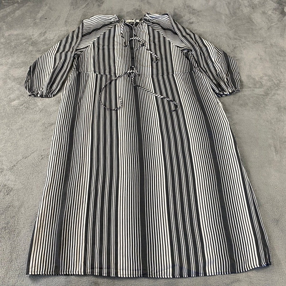 Everlane The Tencel Gathered Maxi Dress Womens L Black White Striped Long Sleeve